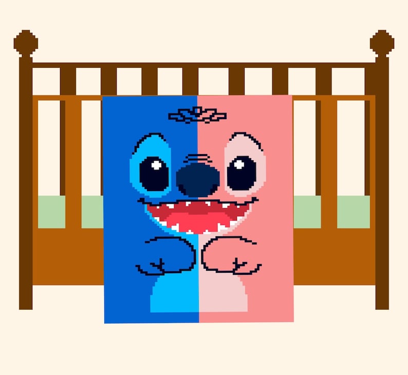 K&ouml;nnte beinhalten: Eine digitale Illustration eines blau-rosa Gesichts, vertikal geteilt, mit gro&szlig;en Augen und einem breiten Grinsen. Die Figur liegt auf einer Decke in einem braunen Kinderbett. Das Kinderbett hat einen hellbeigen Hintergrund.