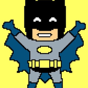 Puede incluir: Ilustración pixelada de Batman con una capucha negra, ojos blancos y la boca muy abierta. Viste un traje gris con un emblema ovalado amarillo, un cinturón amarillo y guantes y capa azules. El fondo es amarillo.