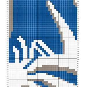 May include: A grid pattern chart for needlework featuring a design in blue, white, and light brown squares. The grid includes numbered rows from 87 to 259 and columns from 32 to 193, providing a structured layout for crafting projects.