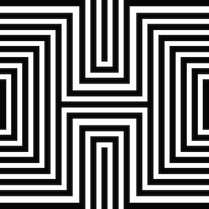 May include: Abstract black and white geometric pattern. The design comprises a series of nested rectangles and vertical lines, creating a striking visual effect. Ideal for backgrounds or surface designs.