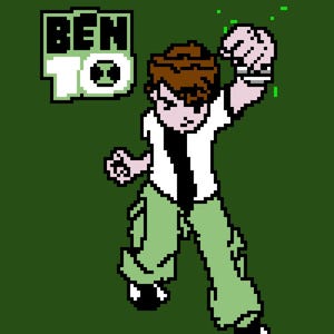 May include: Pixelated illustration of a cartoon character from Ben 10. The character is wearing a white shirt with a black stripe, green pants, and black shoes. The Ben 10 logo is in the upper left corner, with the text "BEN 10".