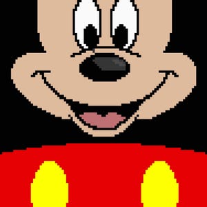 May include: Pixelated illustration of Mickey Mouse. The character's face is tan with black eyes, nose, and a smiling mouth. He wears a red shirt with two yellow circles. The background is black.