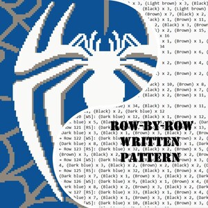 May include: A digital document featuring a white spider graphic on a blue and gray web background, with the text ROW-BY-ROW WRITTEN PATTERN overlaid. The document contains detailed row-by-row instructions listing color counts for black, brown, and dark blue.