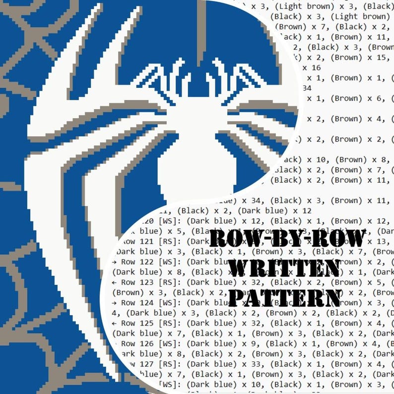May include: A digital document featuring a white spider graphic on a blue and gray web background, with the text ROW-BY-ROW WRITTEN PATTERN overlaid. The document contains detailed row-by-row instructions listing color counts for black, brown, and dark blue.