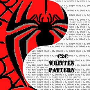 May include: A pixelated design featuring a black spider against a red background, resembling a yin-yang symbol. The image includes the text "WRITTEN PATTERN" and a list of instructions for a craft project, likely crochet or cross-stitch.