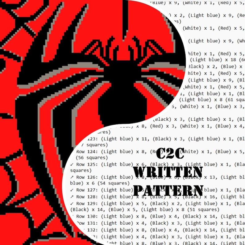 May include: A pixelated design featuring a black spider against a red background, resembling a yin-yang symbol. The image includes the text "WRITTEN PATTERN" and a list of instructions for a craft project, likely crochet or cross-stitch.