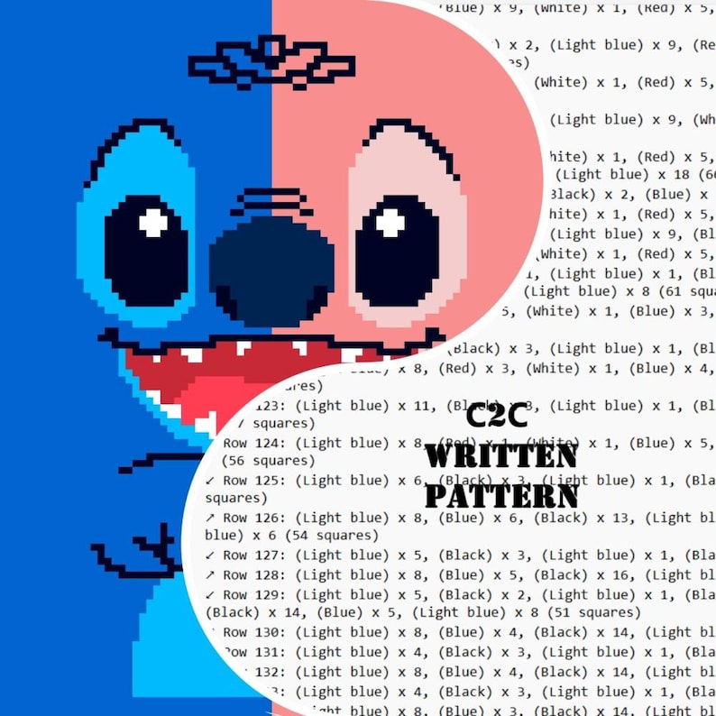 K&ouml;nnte beinhalten: Pixeliges Bild einer blau-rosa Figur, m&ouml;glicherweise ein H&auml;kelmuster. Das Gesicht der Figur ist geteilt, mit Blau links und Rosa rechts. Der Text lautet "C2C WRITTEN PATTERN".