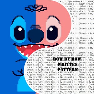 K&ouml;nnte beinhalten: Ein pixeliges Bild einer Zeichentrickfigur, vertikal in Blau und Rosa geteilt. Die Figur hat gro&szlig;e schwarze Augen, einen breiten roten Mund und eine kleine Nase. Der Text "ROW-BY-ROW WRITTEN PATTERN" ist sichtbar.