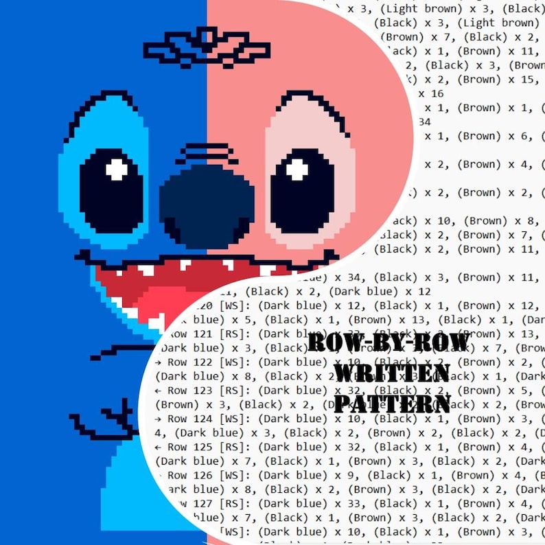 K&ouml;nnte beinhalten: Ein pixeliges Bild einer Zeichentrickfigur, vertikal in Blau und Rosa geteilt. Die Figur hat gro&szlig;e schwarze Augen, einen breiten roten Mund und eine kleine Nase. Der Text "ROW-BY-ROW WRITTEN PATTERN" ist sichtbar.