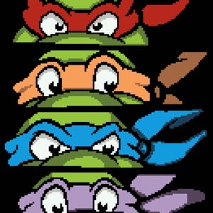 May include: A pixel art graphic featuring four green turtle faces arranged vertically against a black background. Each turtle wears a different colored mask: red, orange, blue, and purple. The eyes are white with black pupils, showing a focused expression.