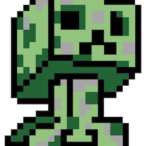Peut inclure: Image pixélisée d'un Creeper vert du jeu vidéo Minecraft. Le personnage a un design carré et anguleux, avec un corps vert clair, des accents vert foncé et des taches grises. Le Creeper a un visage noir avec des yeux carrés et une bouche.