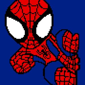 May include: Pixelated illustration of Spider-Man in a dynamic pose against a blue background. The character is depicted in his classic red and blue suit, with white eyes and a black mask. The image has a retro, video game aesthetic.