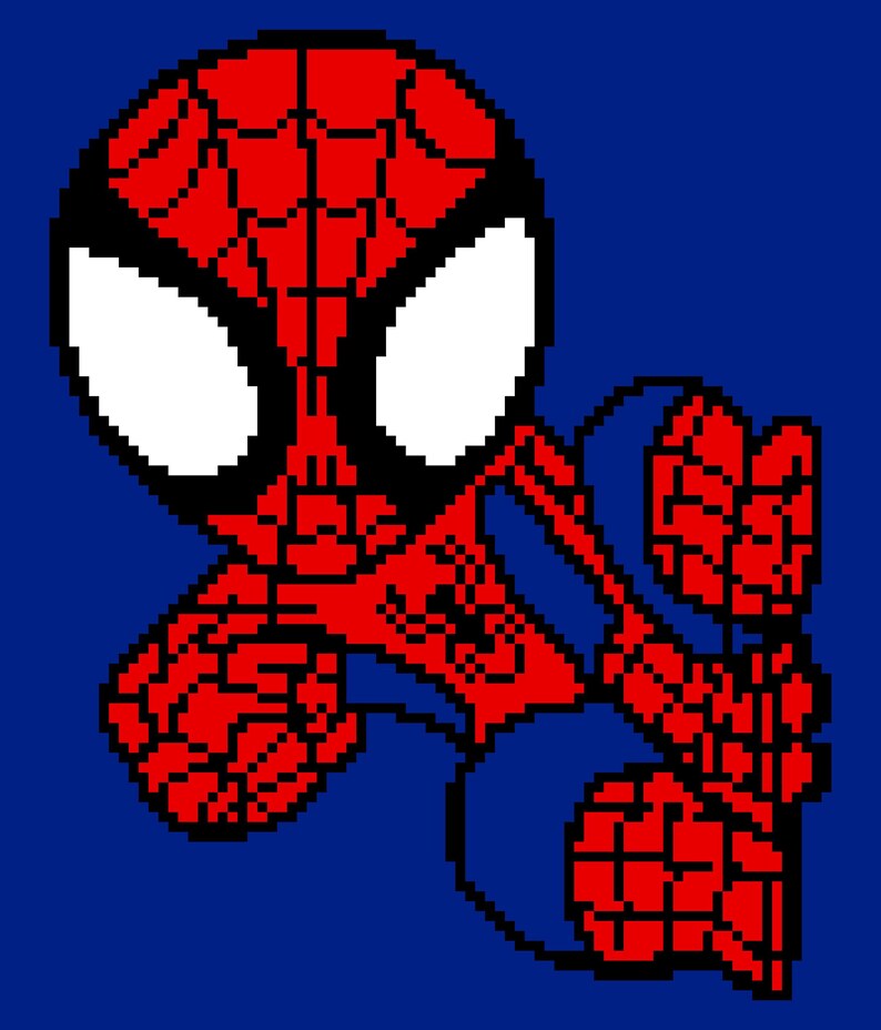 May include: Pixelated illustration of Spider-Man in a dynamic pose against a blue background. The character is depicted in his classic red and blue suit, with white eyes and a black mask. The image has a retro, video game aesthetic.