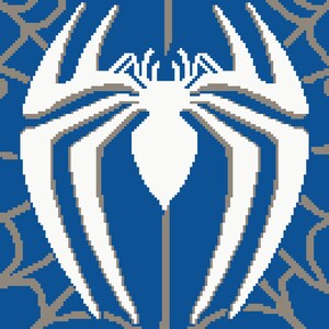 May include: A pixel art graphic featuring a large, white, stylized spider emblem centered on a solid blue background. The design includes a light gray, thin, web-like pattern extending from the edges of the frame toward the central spider icon.