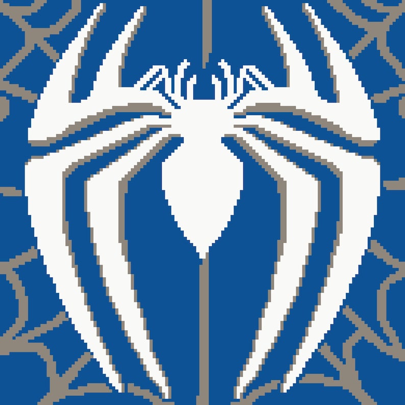 May include: A pixel art graphic featuring a large, white, stylized spider emblem centered on a solid blue background. The design includes a light gray, thin, web-like pattern extending from the edges of the frame toward the central spider icon.
