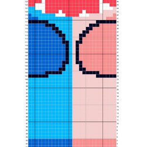K&ouml;nnte beinhalten: Ein pixelbasiertes Grafikdesign in Blau, Rot und Rosa. Das Design zeigt zwei abstrakte Formen, eine blaue und eine rosa, mit schwarzer Umrandung. Der Text "Page 6" befindet sich unten.