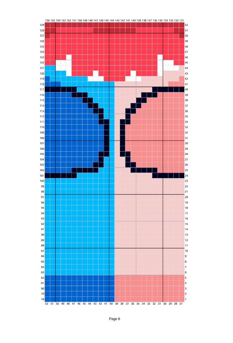 K&ouml;nnte beinhalten: Ein pixelbasiertes Grafikdesign in Blau, Rot und Rosa. Das Design zeigt zwei abstrakte Formen, eine blaue und eine rosa, mit schwarzer Umrandung. Der Text "Page 6" befindet sich unten.