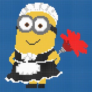 May include: A pixelated illustration of a Minion character in a maid's outfit. The Minion is yellow with large eyes, wearing a white cap and a black and white dress. It holds a red flower against a blue grid background.