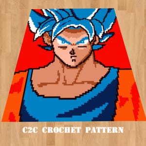 May include: A pixelated crochet pattern featuring a character with spiky blue hair, blue eyes, and a determined expression. The character is set against a red background, with orange and blue clothing. The text "C2C CROCHET PATTERN" is at the bottom.
