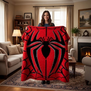 May include: A red blanket featuring a large black spider design with gray accents. The blanket has a spiderweb pattern around the edges. The blanket is held up in front of a person in a living room setting.