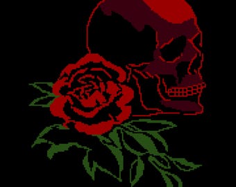 SC crochet tapestry. Instant PDF download. Written description. Skull and Rose crochet pattern.