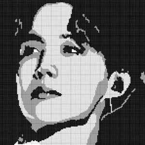 Peut inclure: Un modèle de point de croix noir et blanc représentant le portrait pixélisé d'une personne. Le motif utilise une grille avec différentes nuances de gris, de noir et de blanc pour définir les traits du visage, les cheveux et les ombres.