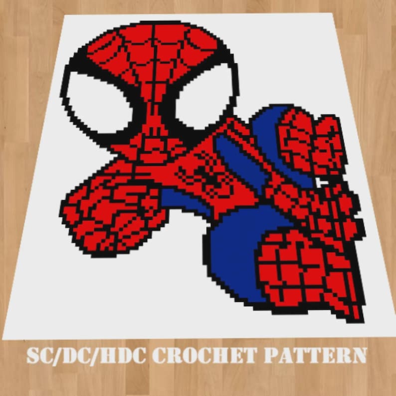 May include: A red, blue, and white crochet pattern featuring a stylized Spider-Man design. The image includes the text "SC/DC/HDC CROCHET PATTERN". The pattern is displayed on a white background.