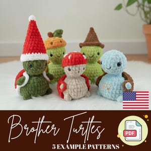May include: A collection of five crocheted turtle figurines, each with unique hats and shell designs. One turtle wears a Santa hat, another a mushroom cap, and others have various headwear. The turtles are in shades of green, red, and beige.