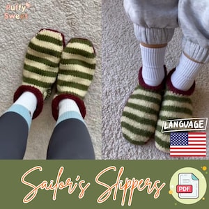 May include: Hand-knitted green and cream striped slippers with a burgundy cuff. The slippers are shown on a light-colored rug. The text "Sailor's Slippers" is written in cursive at the bottom of the image.
