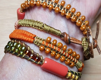 Handwoven Multicolor Cord Necklace/MultiWrap Bracelet Hippie Beaded Orange Red Leather Cord