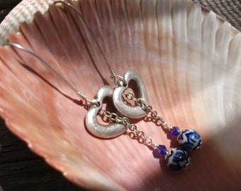 Blue Delftware Style Porcelain Bead  Hanging from Sterling Silver Brush Finish Heart from Handcrafted Earwires