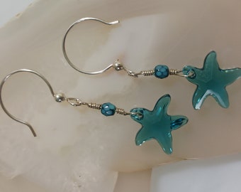Starfish Swarovski Dusty Denim Ocean Bridal Beach Sterling Silver Drop Earrings