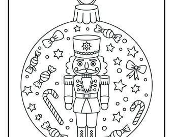 May include: Black and white line art of a Christmas ornament featuring a nutcracker soldier. The ornament is decorated with stars, candies, bows, and candy canes. The ornament has a decorative top.