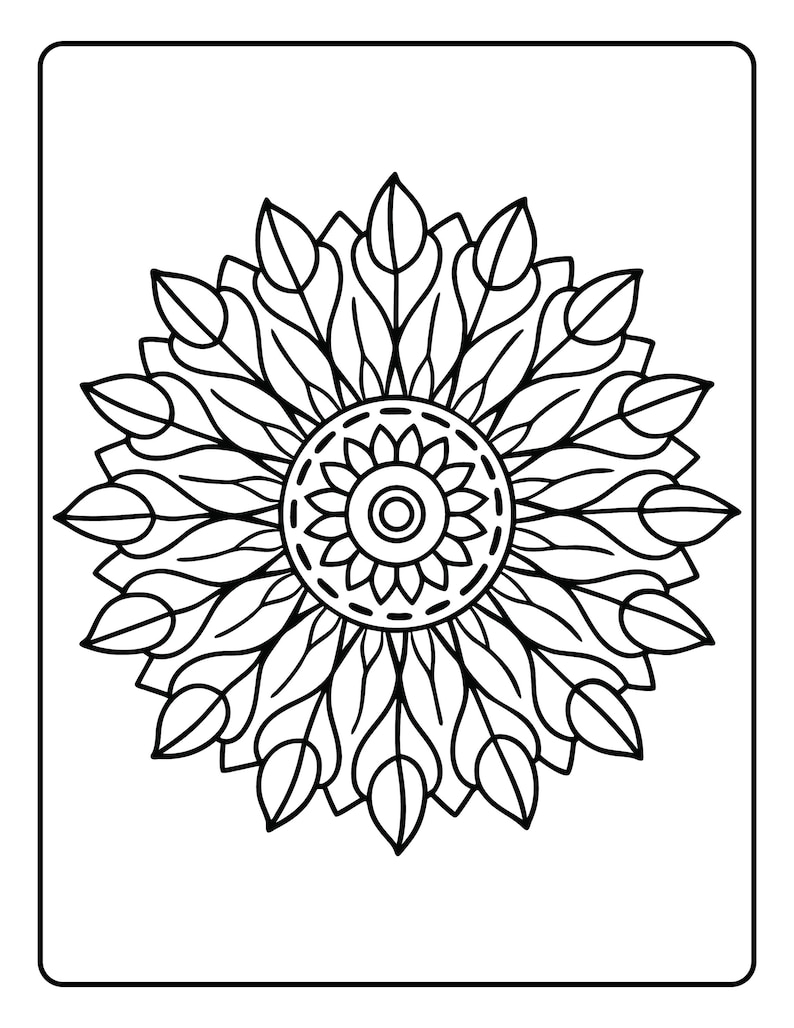 May include: Black and white mandala coloring page. The design features a central circular element surrounded by stylized leaves and petals, all within a rectangular border. Perfect for relaxation and creative expression.