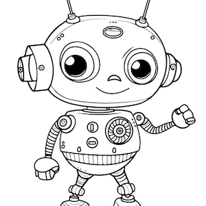 Puede incluir: Ilustración en blanco y negro de un robot amigable. El robot tiene ojos grandes y redondos, una boca sonriente y dos antenas. Su cuerpo presenta detalles circulares y rectangulares, con un brazo levantado.