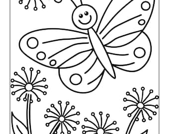 Könnte beinhalten: Schwarz-Weiß-Illustration eines Schmetterlings mit lächelndem Gesicht, umgeben von stilisierten Blumen. Der Schmetterling hat detaillierte Flügelmuster mit Kreisen. Die Blumen haben mehrere kleine Kreise um einen zentralen Punkt.