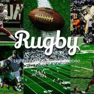 May include: A collage of images featuring American football action. The word "Rugby" is prominently displayed in white script. The images show players in action, a football, and a green field.