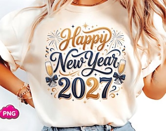 Happy New Year 2027 PNG, New Year's Eve Black Gold Champagne, New Year's Design for T-Shirt, Sublimation BESTSELLER