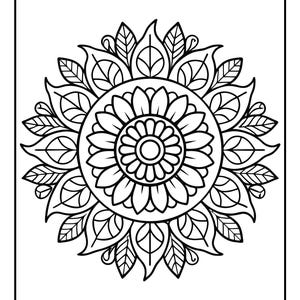 May include: Black and white mandala design with a floral pattern. The intricate design features a central flower surrounded by petals and leaves, perfect for coloring or artistic projects. The image is framed with a black border.
