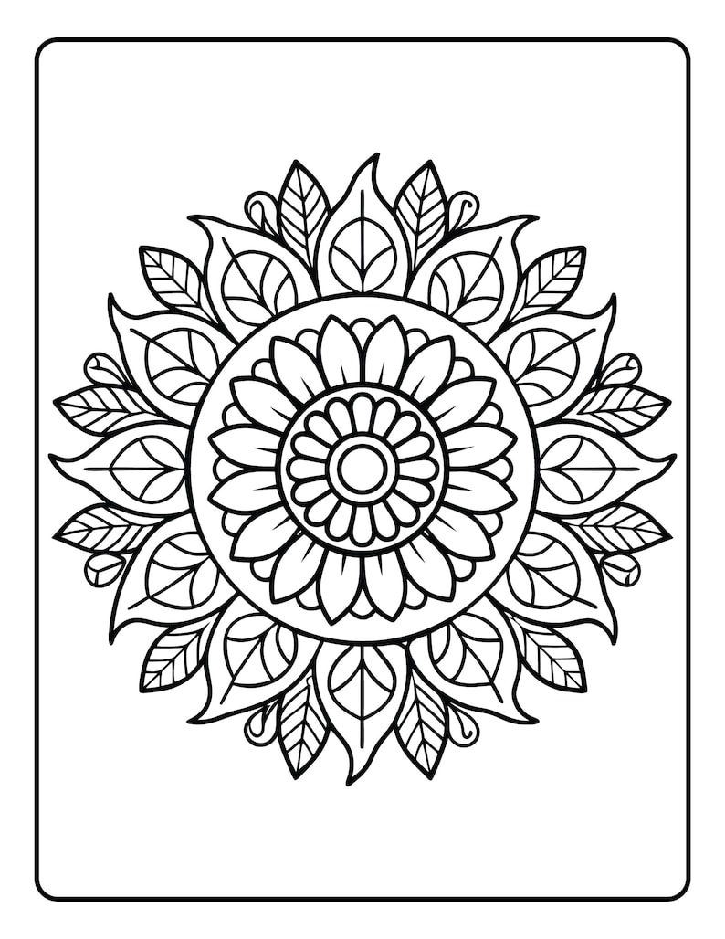 May include: Black and white mandala design with a floral pattern. The intricate design features a central flower surrounded by petals and leaves, perfect for coloring or artistic projects. The image is framed with a black border.