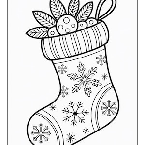 May include: Black and white line drawing of a Christmas stocking. The stocking features snowflake patterns and a striped cuff. The top is filled with decorative leaves and berries.