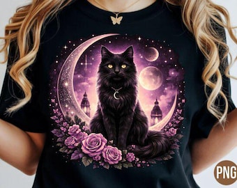 Black Cat PNG Gothic Moon Roses – Witchy Cat Clipart – Sublimation File – Bestselling Shirt Design Download