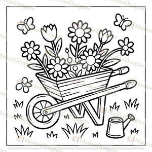 Könnte beinhalten: Schwarz-Weiß-Illustration einer Schubkarre voller Blumen. Die Schubkarre ist von Gras, Schmetterlingen und einer Gießkanne umgeben. Ein charmantes Design zum Thema Garten.