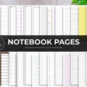 May include: A collection of 35 notebook pages with various designs, including lined, grid, and dotted layouts. The image displays a variety of printable A4, A5, and US Letter PDF files. The text "NOTEBOOK PAGES" is prominently displayed.