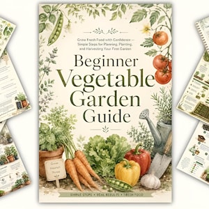 May include: A Beginner Vegetable Garden Guide book cover featuring botanical illustrations of tomatoes, carrots, peppers, and a watering can, surrounded by several open pages showing planting charts, garden journals, and instructional diagrams.