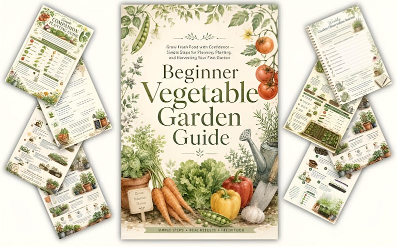 May include: A Beginner Vegetable Garden Guide book cover featuring botanical illustrations of tomatoes, carrots, peppers, and a watering can, surrounded by several open pages showing planting charts, garden journals, and instructional diagrams.