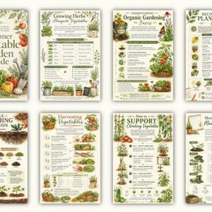 May include: A set of eight educational posters titled Beginner Vegetable Garden Guide, Growing Herbs Alongside Vegetables, Understanding Organic Gardening Basics, Recognizing Plant Stress Early, Simple Mulching Methods, Harvesting Vegetables, How to Support Climbing Vegetables, and Monthly Garden Maintenance Planner, featuring botanical illustrations.