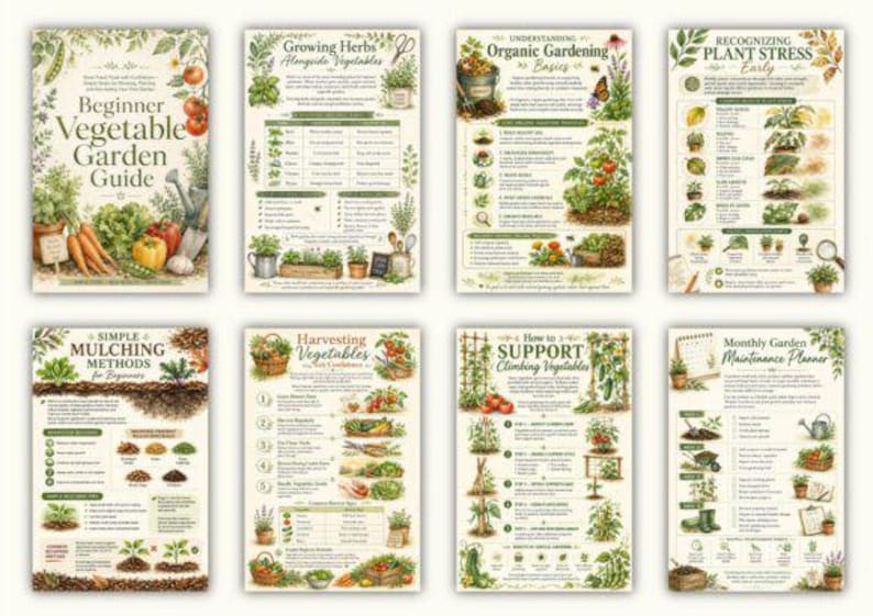 May include: A set of eight educational posters titled Beginner Vegetable Garden Guide, Growing Herbs Alongside Vegetables, Understanding Organic Gardening Basics, Recognizing Plant Stress Early, Simple Mulching Methods, Harvesting Vegetables, How to Support Climbing Vegetables, and Monthly Garden Maintenance Planner, featuring botanical illustrations.