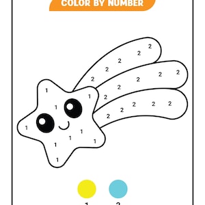 Könnte beinhalten: Ein Ausmalbild nach Zahlen mit einem Cartoon-Stern mit dem Text "COLOR BY NUMBER". Der Stern hat ein lächelndes Gesicht und ist in Abschnitte mit den Zahlen 1 und 2 unterteilt. Enthält gelbe und blaue Farbfelder.
