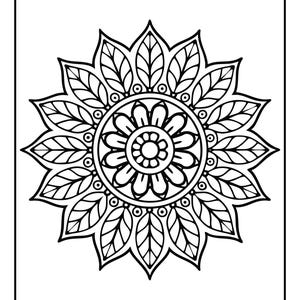 May include: Black and white mandala design with a floral pattern. The design features a central flower surrounded by multiple layers of detailed leaves and circular elements, all within a rectangular border. Ideal for coloring or decorative purposes.